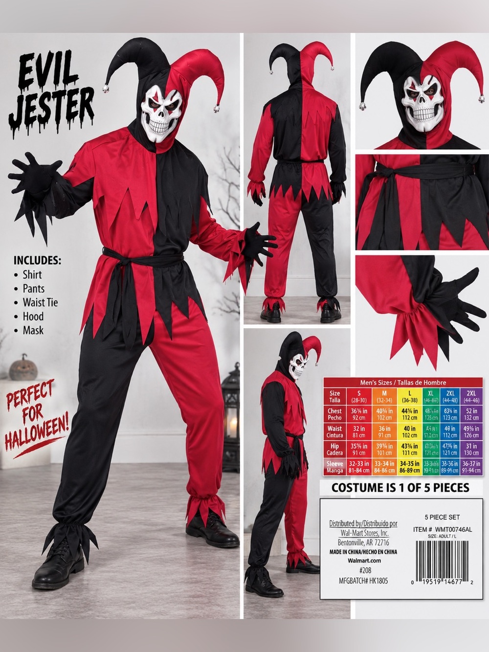 California Costume Collections Evil Jester Men’s 5-Piece Costume Set L Red/Black